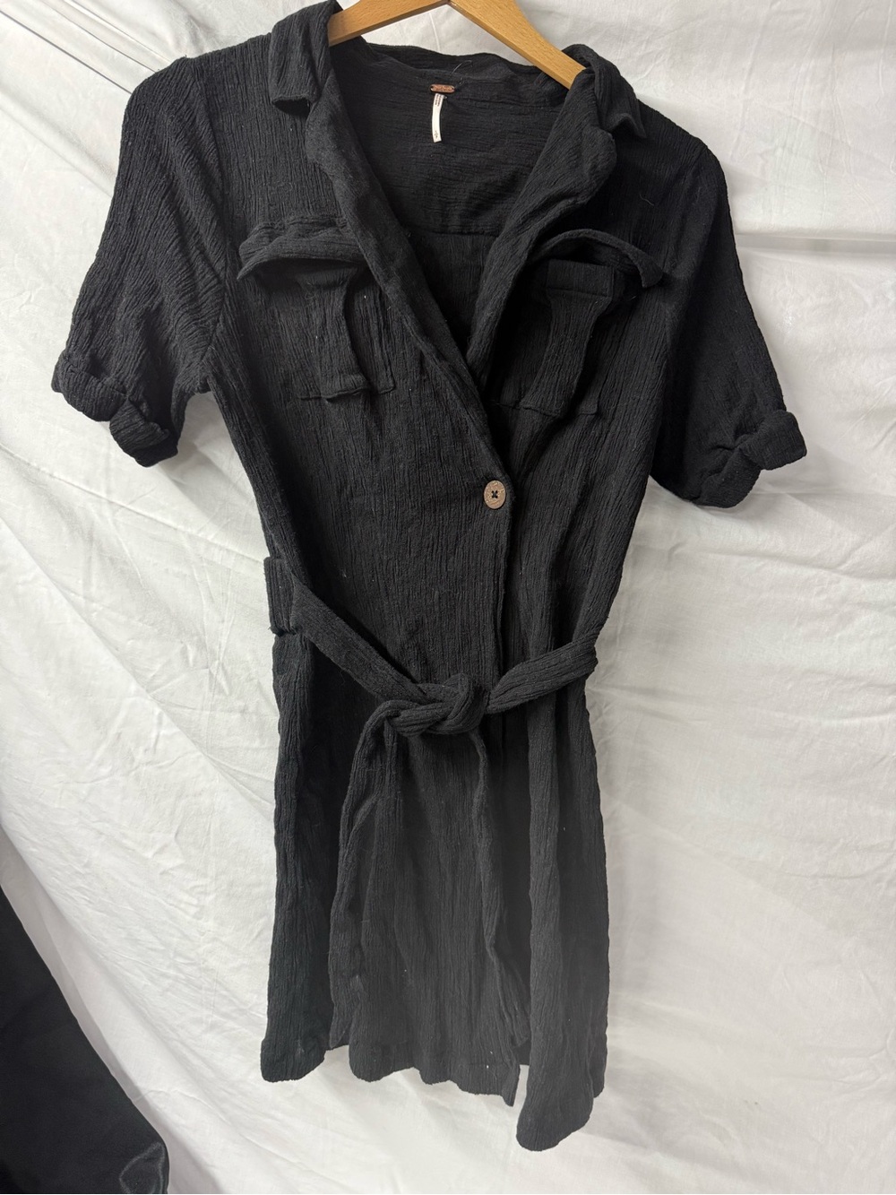 Free People Black Short Sleeve Shirt Dress with Waist Tie size small